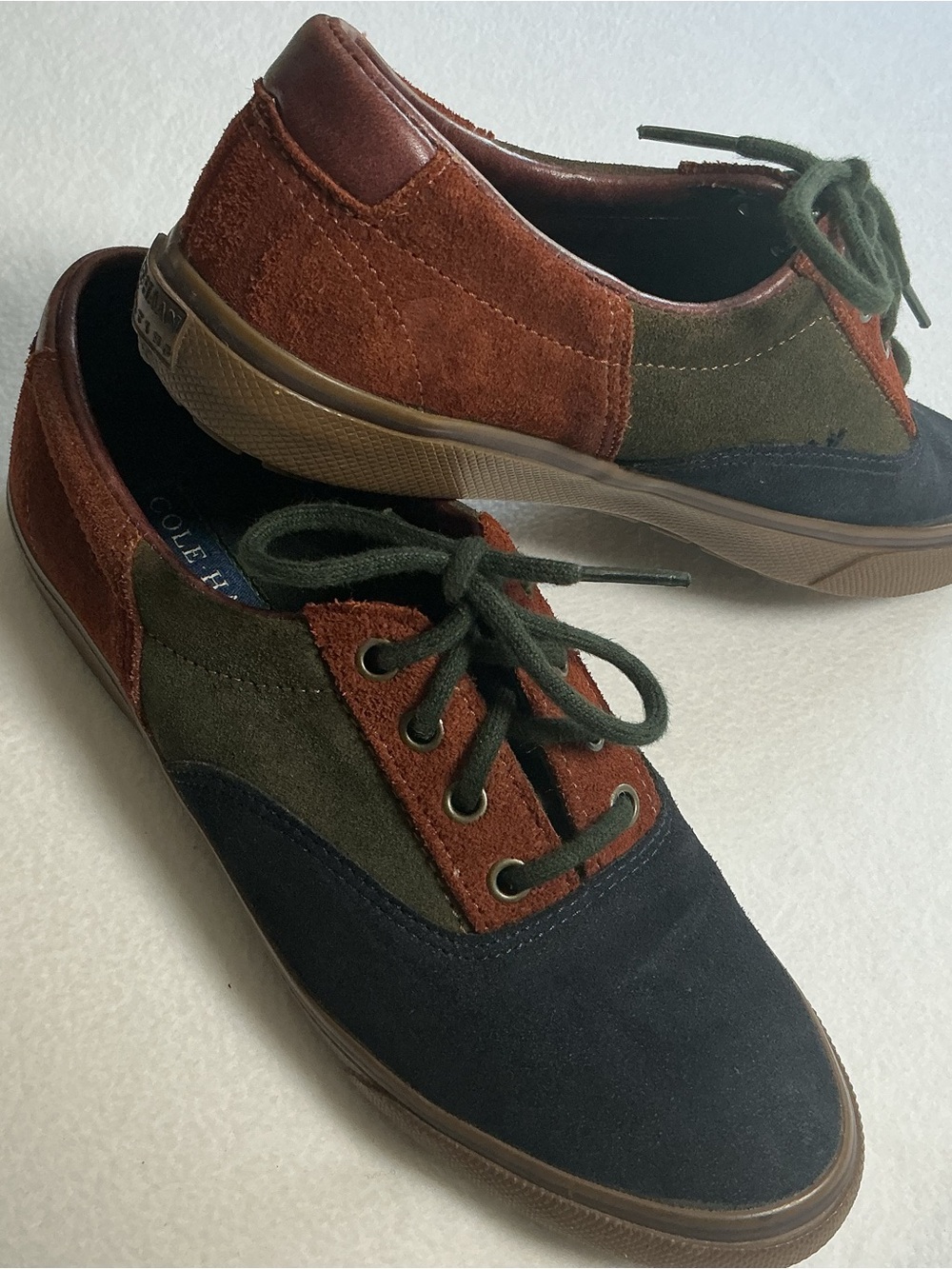 Cole Haan Tri-Color Suede Sneakers in Navy, Green & Brown